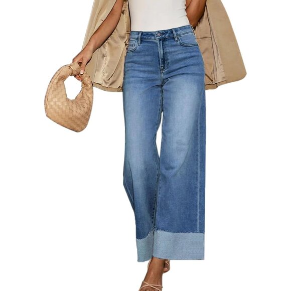 Denim - Women's Wide Leg Jeans Stretch Raw Hem High Rise Casual Cool Trendy